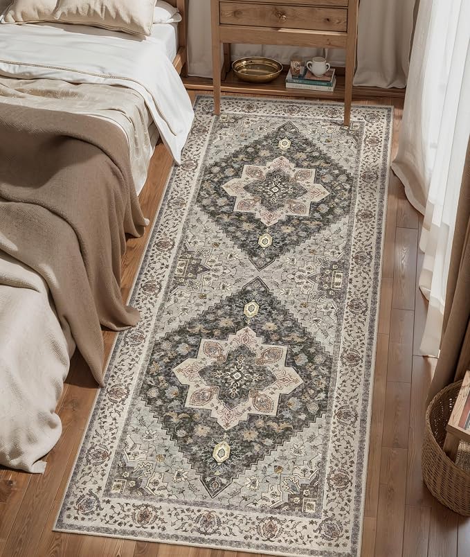 Tangsoo 2x6 Washable Runner Rug for Hallways, Non Slip Vintage Runner, Farmhous Soft Low Pile Long Rug Runner, Print Distressed Grey Carpet Runners for Kitchen Bedroom Entryway Bathroom Living Room