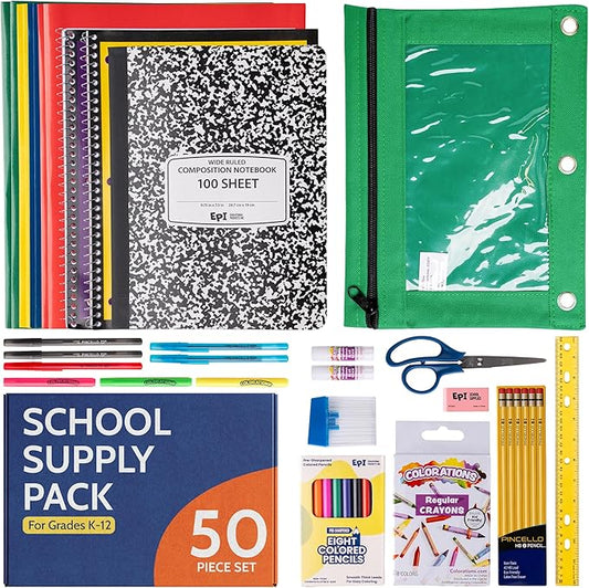 EPI Essentials Back to School Supplies for Kids – 50 Items in Kit – Kindergarten to 12th Grade School Supply Packs – Wide-Ruled Bundle with Composition Notebooks – Suitable for Homeschooling