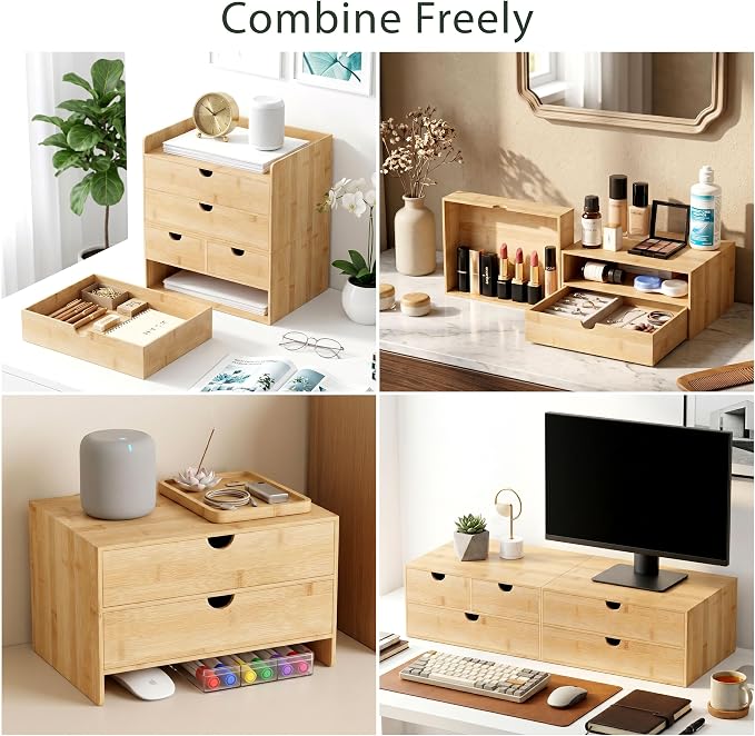 Desk Organizer with Drawers - Bamboo Desktop Organizer Storage | White-Natural Wood Desk Drawers Organizer for Bills, Office Supplies, Cosmetics, Seals No Assembly Required