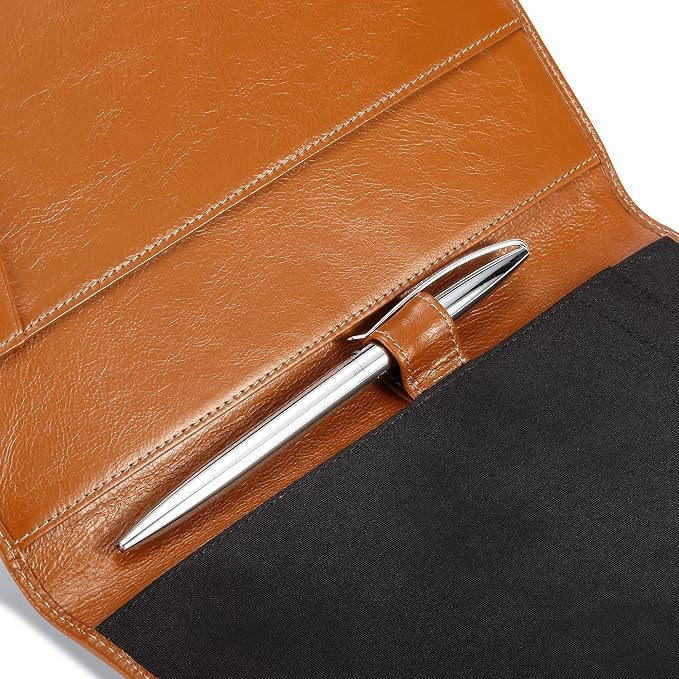 HISCOW Slim Leather Junior Padfolio, 5x8 Notepad Cover, Antiqued Brown | Full-grain buffalo leather, top-loading legal pad holder, rigid pen loop, quick-access card slot, zipperless boardroom design