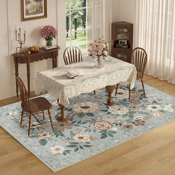 DUKINO 5x7 Area Rug, Floral Design, Lightweight Non Slip Washable, Indoor Low Pile & Non-Shedding Boho Rug for Bedroom, Living Room, Dining Room, Sage Green