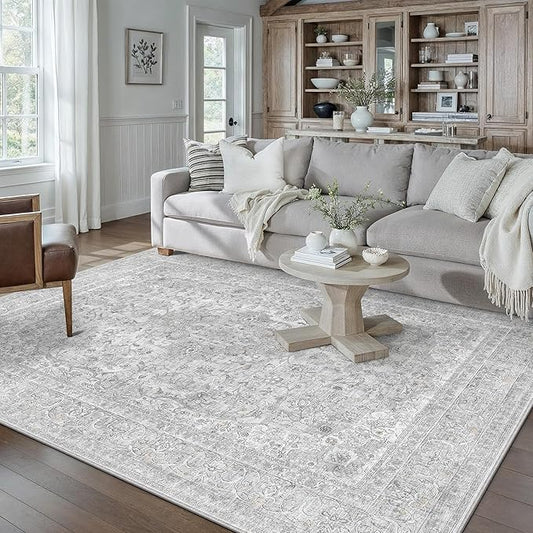 PureCozy Gray Area Rug 5x7 for Living Room Washable Vintage Carpet Low Pile Non Slip Distressed Soft Traditional Retro Oriental Grey Accent Throw Rug Office Kitchen Bedroom Bathroom Dining Room