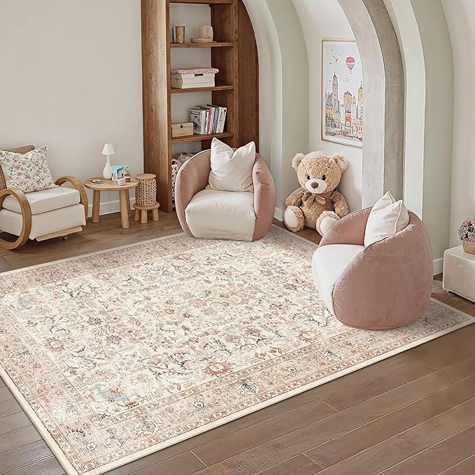6x9 Pink Washable Area Rugs for Living Room Non Slip Low Pile Vintage Boho Throw Rug Soft Retro Distressed Floral Large Carpet Indoor Farmhouse Decor for Bedroom Dining Room Office Kitchen Playroom