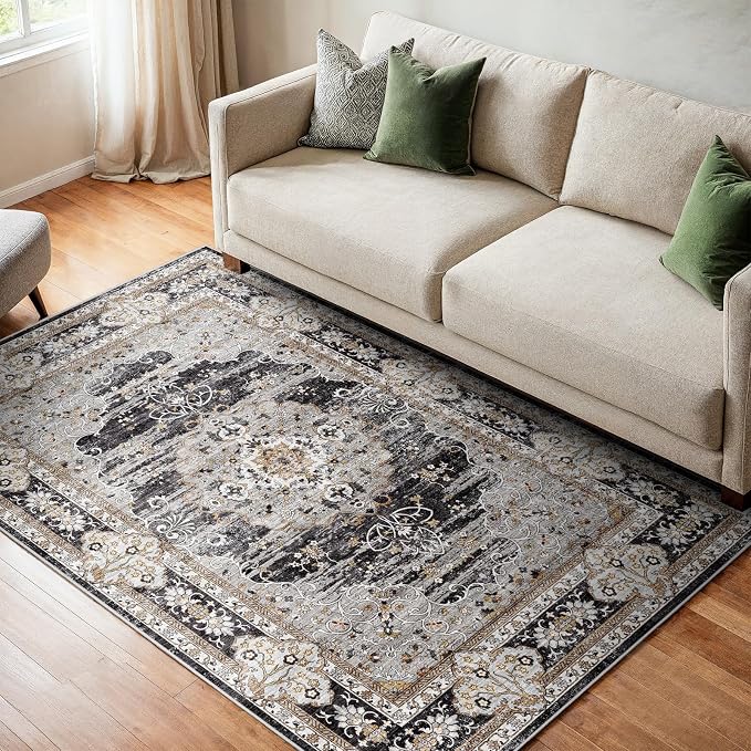 Washable 3x4 Area Rug for Entryway - Bedroom Rugs with Non Slip Rubber Backing for Kitchen Bathroom Indoor Soft Stain Resistant Carpet Rug for Pet Feeding Area and Distressed Floor Decor Black/Gray