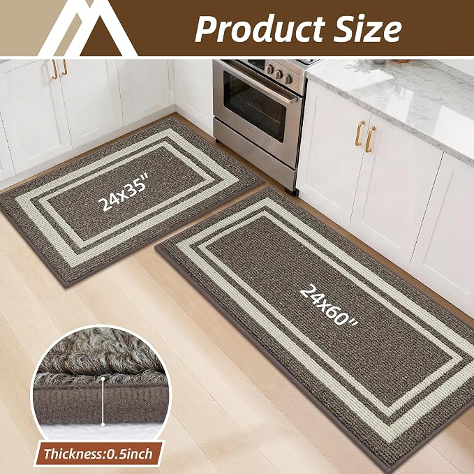 COSY HOMEER Kitchen Rugs Non-Slip 24x35/24x60 Inch Thick Polypropylene Standing Mat for Home Machine Washable, Brown Frame
