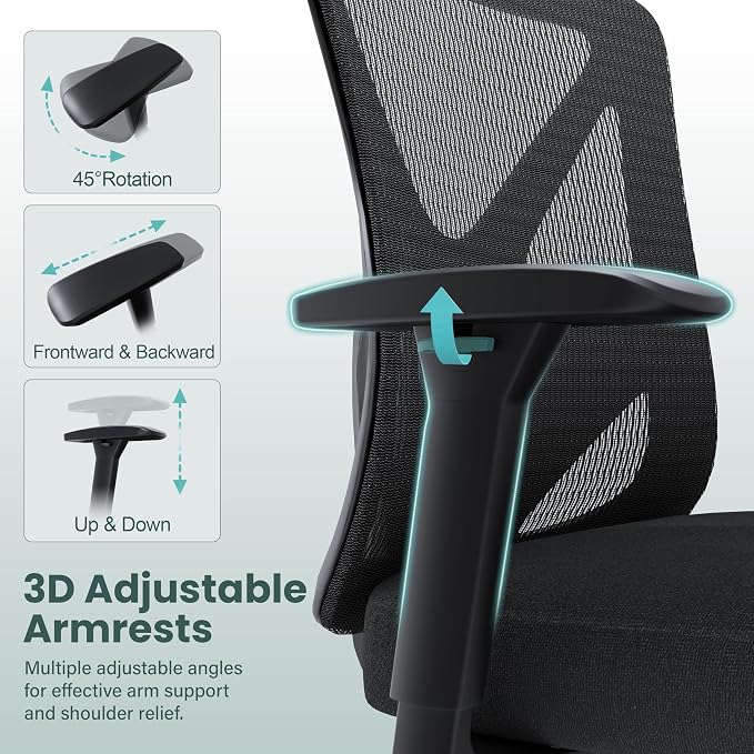 Ergonomic Office Chair, Mesh Computer Desk Chairs with Adjustable Lumbar Support, 3D Armrest, Tilt Function, Comfy Wide Seat, Executive Chair for Company & Home, Gaming Chair (Black Sponge Cushion)