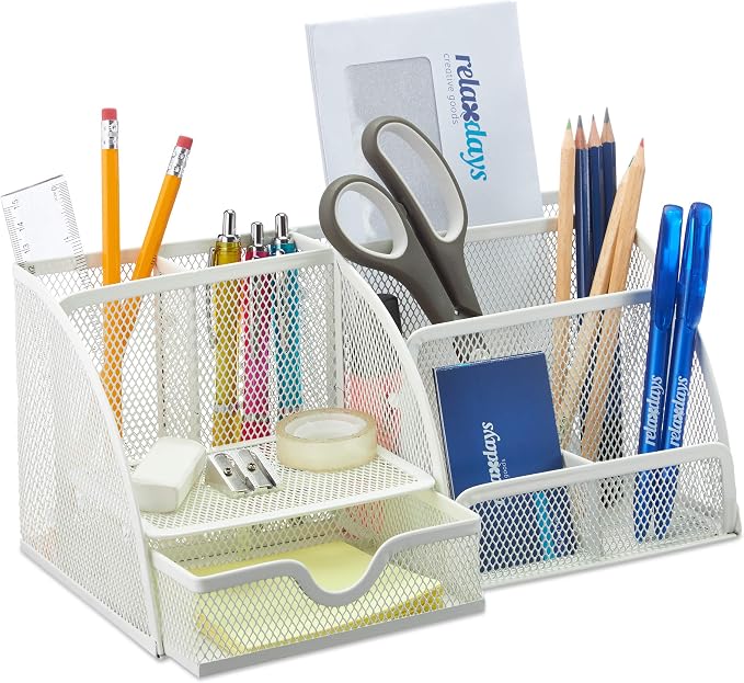 Relaxdays Desk Organiser, Modern Look, Metal Mesh, Total Dimensions: H x W x D: 13 x 28 x 14 cm, White