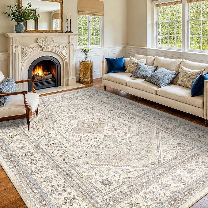 Washable 7x9 Area Rugs for Living Room: Soft Bedroom Rug Non Slip Rugs with Rubber Backing Ultra Thin Low Pile Carpet for Dinging Room Home Office Decor Beige/Gray