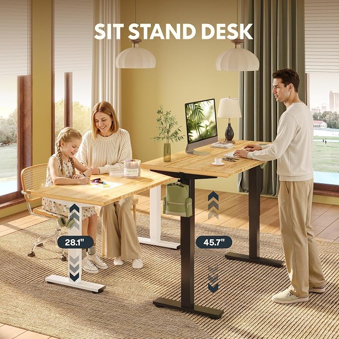 FLEXISPOT 55" x 28" Solid Bamboo Standing Desk, Black Frame | Real Bamboo Desktop with Natural Grain, Durable & Sustainable, 176 LBS Capacity, Home Office and Multi-Monitor Setups
