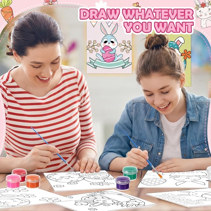 Blosssound 10 Set Easter Pre Printed Canvas Bunny Pre Drawn Canvas Painting with Easel Kits 5" x 7" Outline Painting Panels for Beginners, DIY Craft Project, Party Favor, Home Decors