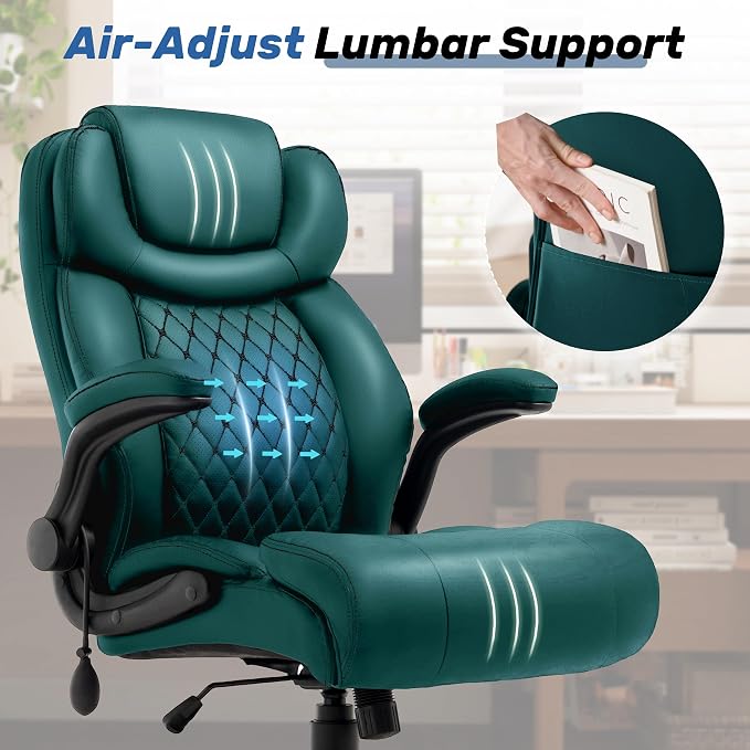 550LBS Big and Tall Office Chair, Comfy Heavy Duty Executive Chair with Adjustable Lumbar Support Double Spaces Casters, Fabric Extra Wide Seat Ergonomic Computer Desk Chair for Back Pain,Green