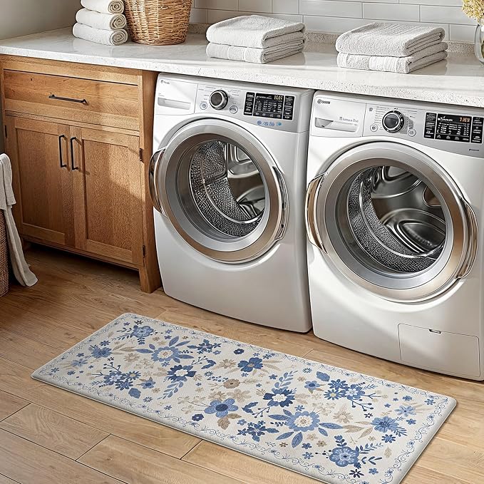 GENIMO Anti Fatigue Kitchen Mats for Floor 2PCS, Cushioned Standing Mats | 17.3"x47"&17.3"x30", Beige Blue vintage floral rug set, waterproof, non slip, easy-clean for farmhouse