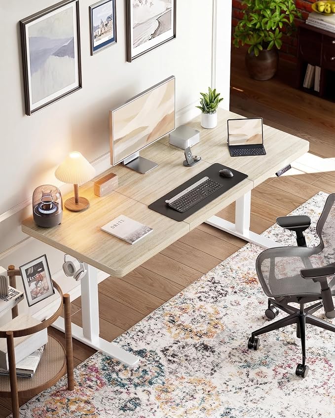 HUANUO 60 x 30 inch Large Standing Desk, Powerful Brushless Motor Large Height Adjustable Table, 4 Memory Preset Stand Up Work Station Sit Stand Desk, Home Office with Thick T-Shaped Frame,Natural