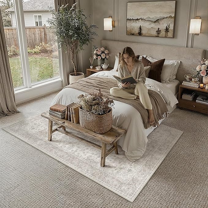 PureCozy 5x8 Area Rug Washable Neutral Beige Living Room Bedroom Vintage Carpet Non Slip Low Pile Soft Floral Indoor Throw Rug for Dining Room Kitchen Office