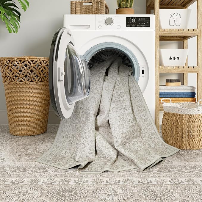 3x8 Runner Rug Kitchen Washable:Oriental Indoor Hallway Runners with Non Slip Backing Floor Mat for Entryway Door Low Pile Thin Carpet for Bedroom Bathroom Living Room Bedside (Beige, 3x8)