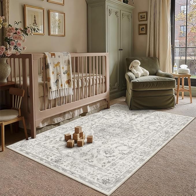 PureCozy 3x5 Area Rug Gray Washable Vintage Entryway Office Carpet Small Non Slip Soft Low Pile Soft Thin Kitchen Bathroom Retro Accent Throw Rug Entrance Bedroom Office Living Room Laundry