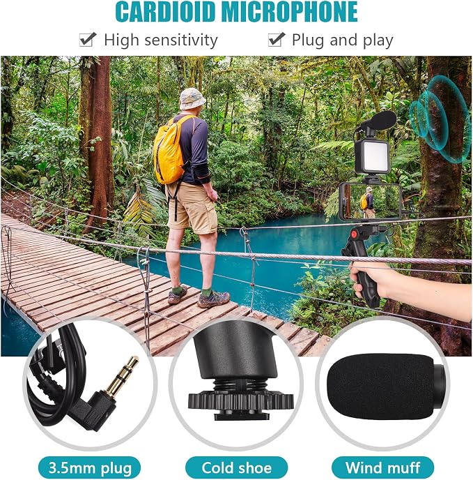 Andoer Smartphone Vlog Kit Mini LED Video Light + Cardioid Microphone + Extendable Phone Clip + Tripod with Adjustable Brightness for Live Stream Vlog Video Shooting Video Conference Selfie