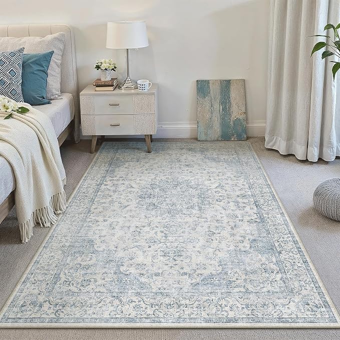 PureCozy 5x7 Area Rug Washable Neutral Blue Living Room Bedroom Vintage Carpet Non Slip Low Pile Soft Floral Indoor Throw Rug for Dining Room Kitchen Office