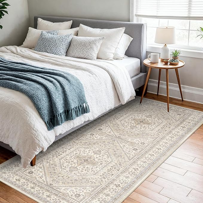 3x6 Runner Rug for Hallway Washable: Non Slip Kitchen Rugs with Rubber Backing Soft Waterproof Wide Mats Stain Resistant Low Pile Carpet for Entryway Bedroom Bathroom Laundry Home Decor Beige/Gray