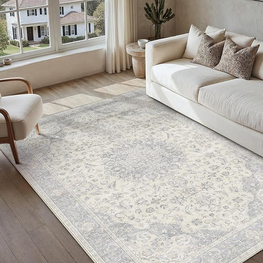 PureCozy 3x5 Area Rug Washable Neutral Gray Vintage Entryway Office Carpet Non Slip Low Pile Soft Door Mat Floral Indoor Small Grey Throw Rug for Entrance Bathroom Bedroom Office Laundry