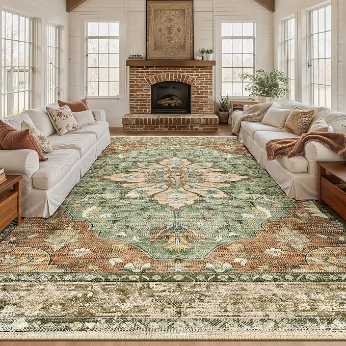 RELEANY Area Rugs Large 9'x12' Washable Non-Slip, Floral Vintage Distress Medallion Carpet for Living Room Bedroom Dining Room, Terracotta Burnt Orange Green