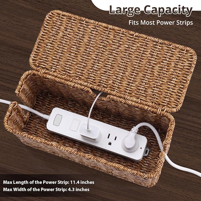 ZhiYo Rattan Cable Management Box, Speckled Brown, 12.5" x 5" x 5.2" | Handwoven imitation rattan cord organizer box conceals power strips and cables for a clean desk or floor setup