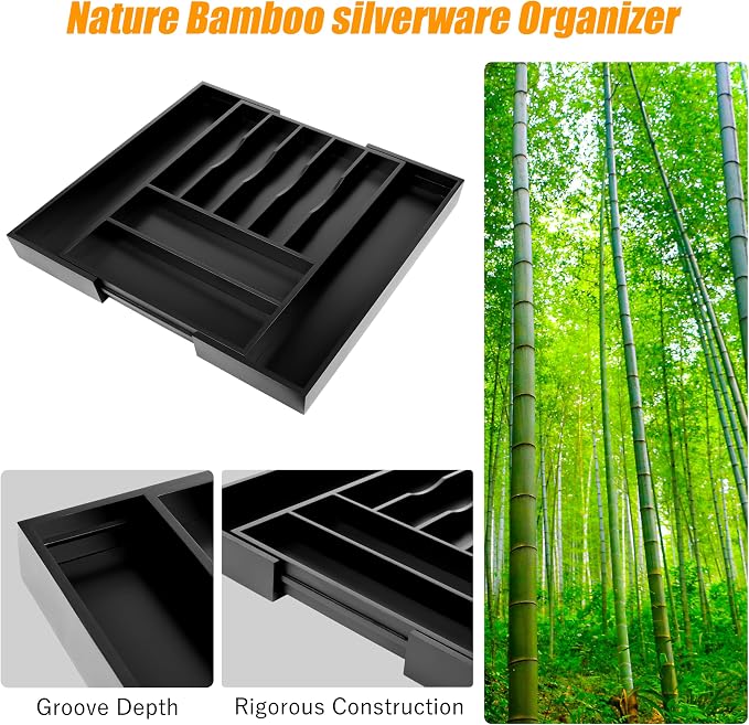 Large Premium Bamboo Silverware Organizer - Expandable Utensil Drawer Organizer - 17"x19.6" Utensil Holder and Cutlery Tray with Grooved for Kitchen Flatware and Utensils(7-9 Slot, Black)