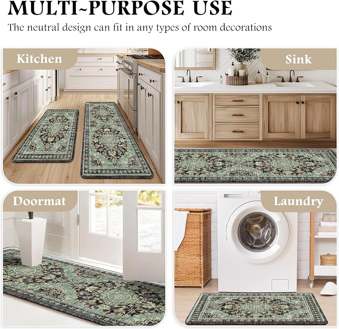 Boho Kitchen Mats for Floor 2 Piece Set Anti Fatigue Cushioned PVC Kitchen Rugs Non Slip Waterproof Farmhouse Mats 2/5 Inch Comfort Standing Mat for Sink, Laundry, 17.3"x59"+17.3"x28", Black Green