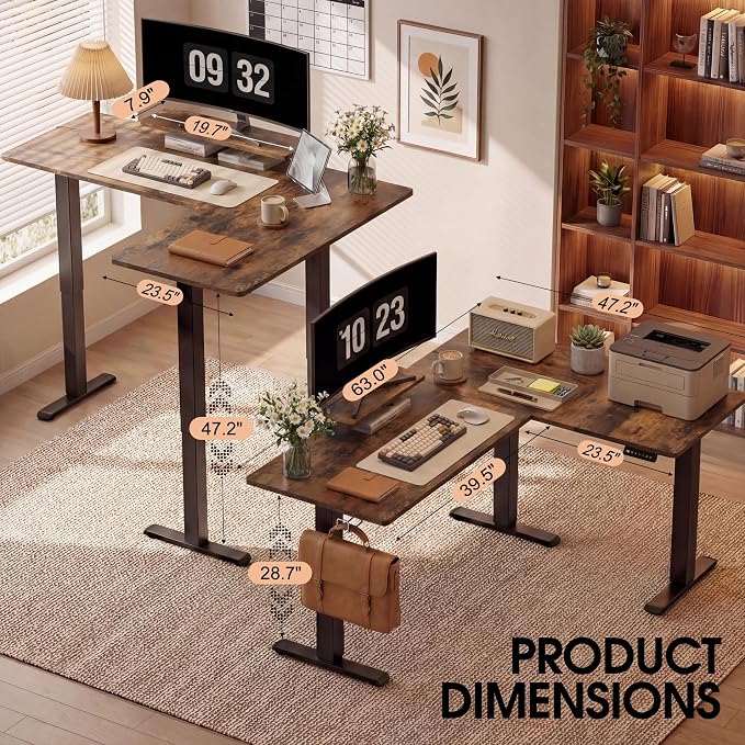 Furmax 63 x 47 Inch L Shaped Standing Desk with 2 Preset Heights, Electric Height Adjustable Computer Desk, Corner Sit Stand Desk for Home Office, 2 Hooks & Feet Balance (Rustic Brown, 63 x 47 Inch)