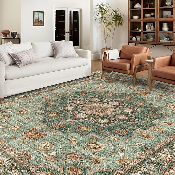 TOPRUUG Washable Oriental Area Rug - 10x12 Rugs for Living Room Soft Carpet for Bedroom Waterproof Floral Distressed Indoor Stain Resistant Non-Shedding Floor Carpets (Green, 10x12)