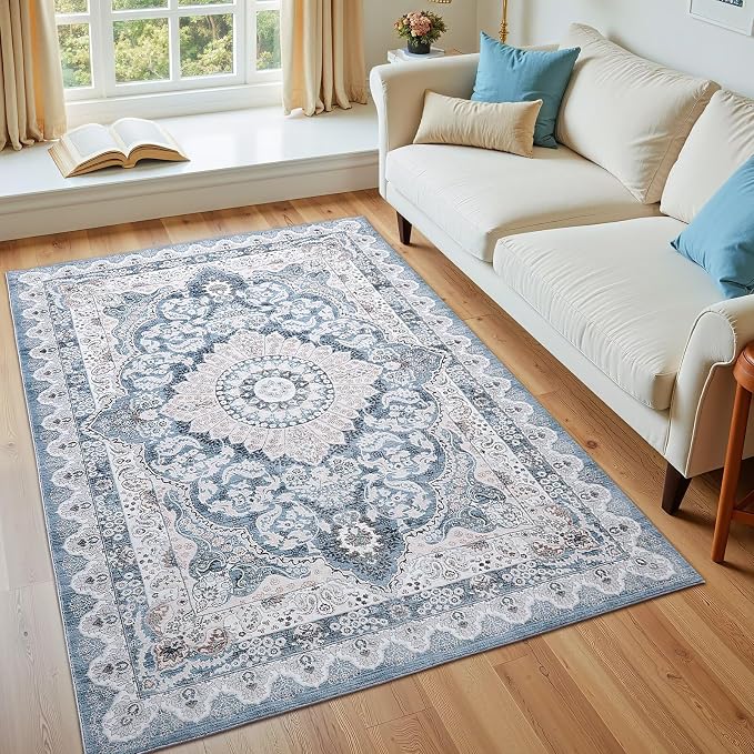 Macgace 3x5 Area Rug for Bedroom, Machine Washable Rugs with Non-Slip Backing for Living Room, Soft Vintage Carpet Kitchen Laundry Kids Room Decor, Blue & Beige