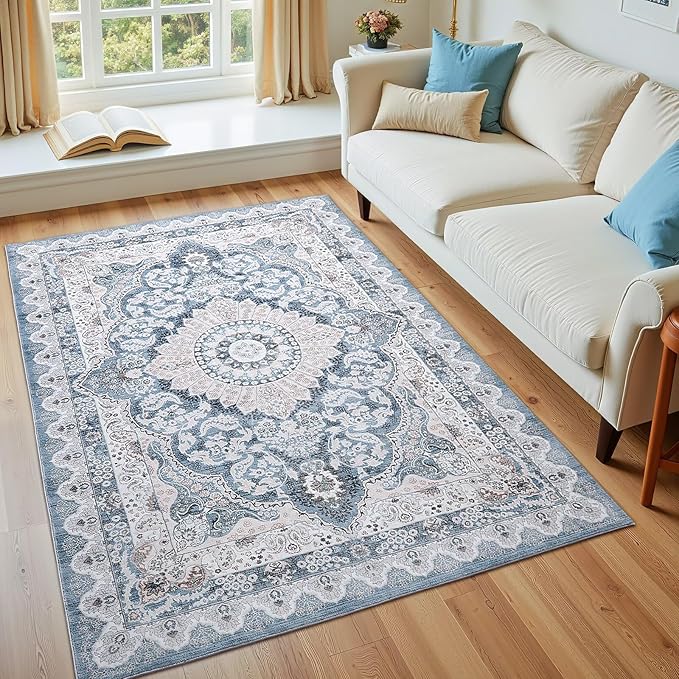 Macgace 4x6 Area Rug for Bedroom, Machine Washable Rugs with Non-Slip Backing for Living Room, Soft Vintage Carpet Kitchen Laundry Kids Room Decor, Blue & Beige
