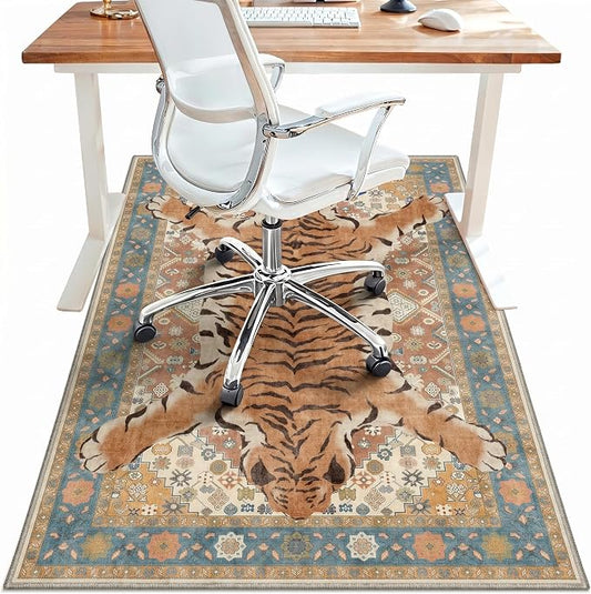 36"x48" Office Chair Mat for Hardwood Tile Floor, Under Desk Carpet Protector for Rolling Computer Chair Mat, Machine Washable Area Rug, Anti-Slip 1/5" Thick Low Pile Thin Floor Mat, Tiger Orange