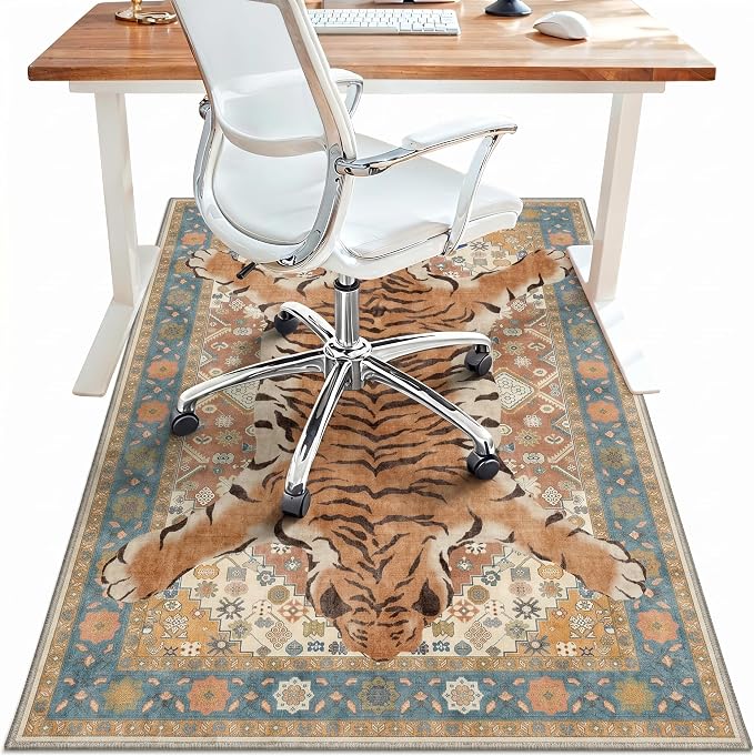 36"x60" Office Chair Mat for Hardwood Tile Floor, Under Desk Carpet Protector for Rolling Computer Chair Mat, Machine Washable Area Rug, Anti-Slip 1/5" Thick Low Pile Thin Floor Mat, Tiger Orange