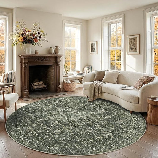 8ft Green Round Washable Area Rug for Living Room Vintage Boho Non Slip Circle 8x8 Large Rug Distressed Floral Carpet Indoor Retro Soft Low Pile Farmhouse Throw Rug for Bedroom Nursery Office