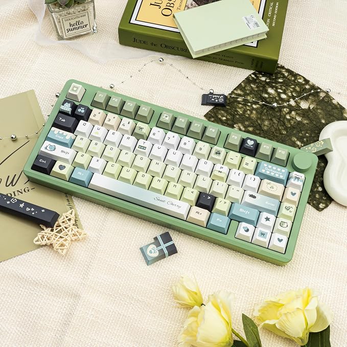 Gradient Green PBT Keycaps, Cute Cat Keycaps Set, 145 Keys Cherry Profile Dye-Sub Custom Keycap, Kawaii Anime Custom Key Caps for 60%, 65%, 75%, 100% Cherry MX Mechanical Keyboard
