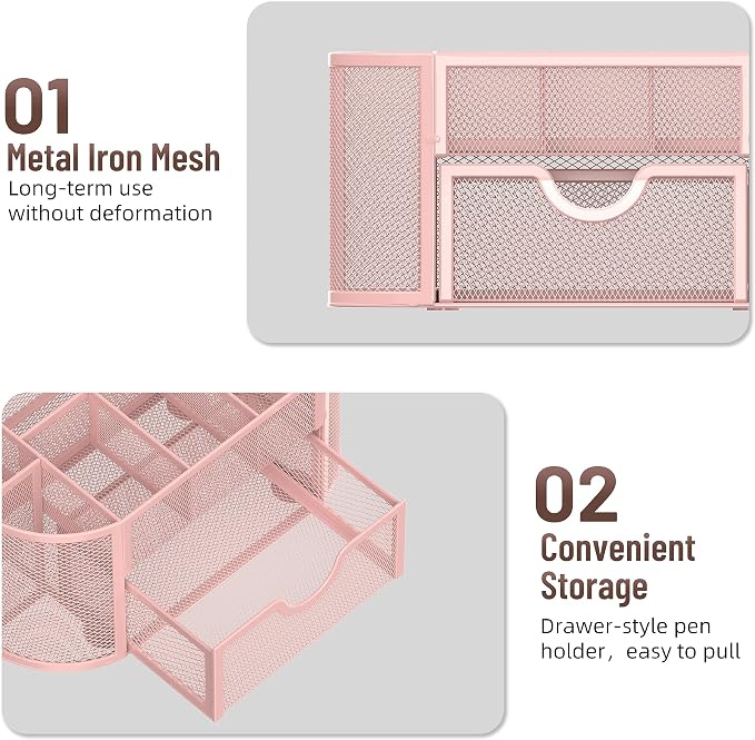 SUPEASY Mesh Desk Organizer, Desk Accessories & Workspace Organizers with Drawers, Pencil Holder for Desk with 9 Compartments for Office Suppliess, School, Classroom, 8.6 x 4.3 x 4.1 Inch, Pink