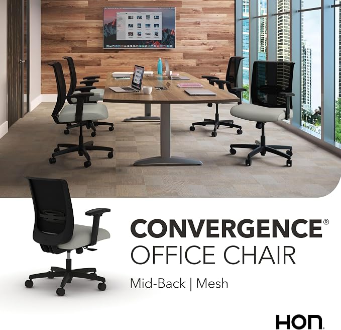 HON Convergence Ergonomic Office Chair, Office Desk Computer Chair, Fog | Fabric ergonomic desk chair with lumbar support, seat glide, adjustable arms and breathable mesh comfort, office decor