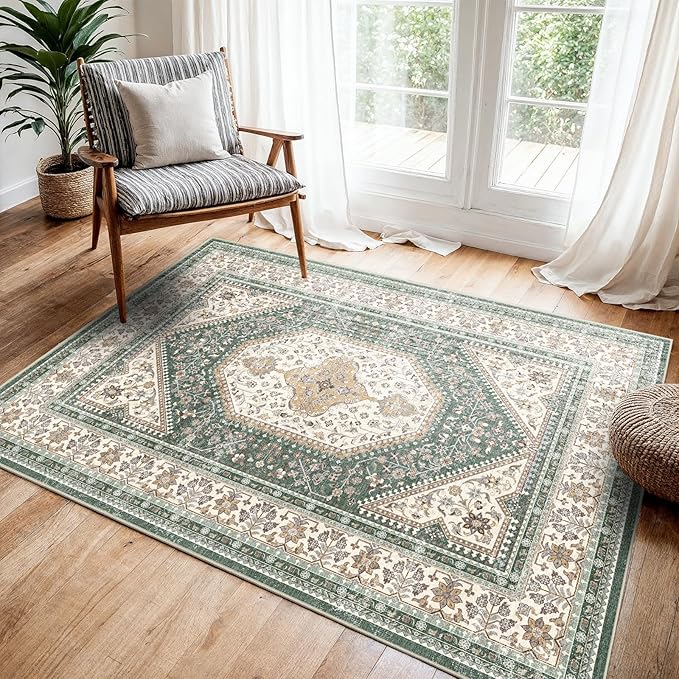 Washable 3x4 Area Rug for Entryway - Bedroom Rugs with Non Slip Rubber Backing for Kitchen Bathroom Indoor Soft Stain Resistant Carpet Rug for Pet Feeding Area and Distressed Floor Decor Green/Beige