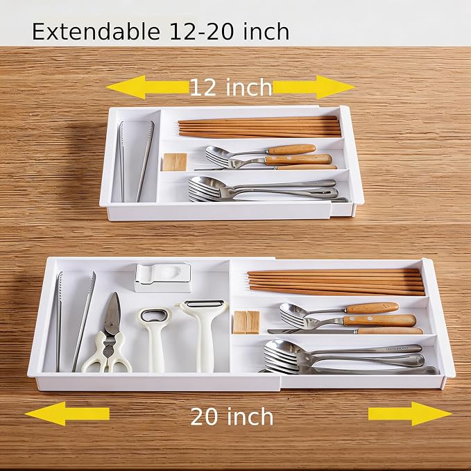 Expandable Shallow Drawer Organizer 1" 11-18" Adjustable White Storage Bin | Expandable 11-18" Shallow 1" PET Drawer Organizer|White Tray|Office Kitchen Bathroom|Dual-Slot Design|Fits Slim Drawers