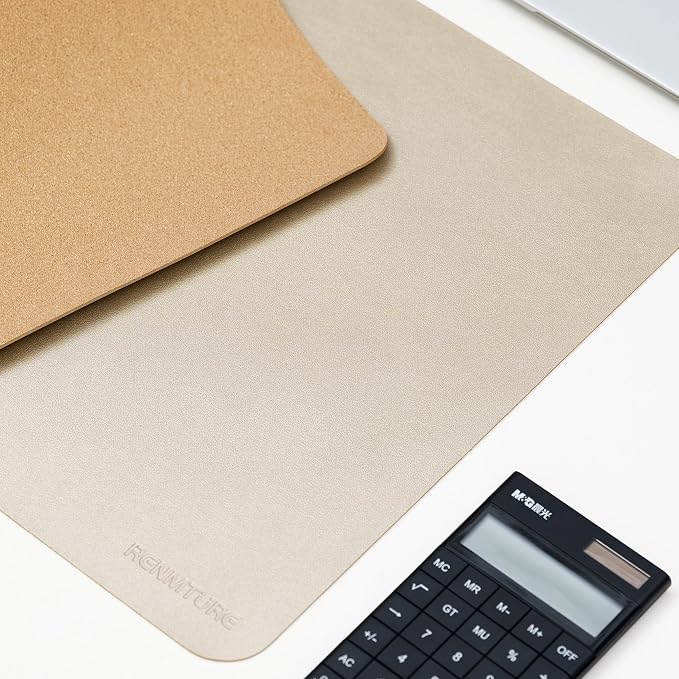 RENMTURE Desk Pad, Cork & PU Leather Desk Mat, Large Mouse pad, Non-Slip Desk Protector and Blotter, Waterproof Writing Pad, Desk Accessories and Organizers for Home Office (Golden,23.6" x 13.7")