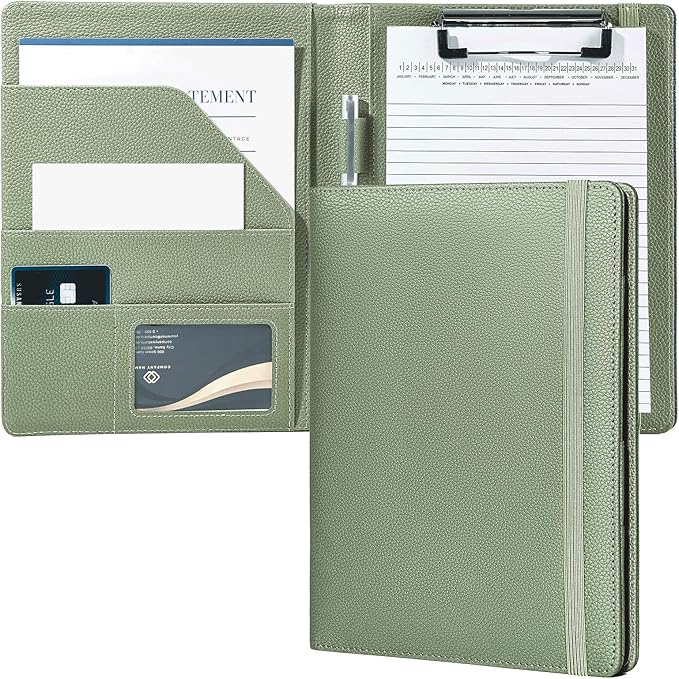 Mymazn Junior Padfolio Portfolio Folder, Small A5 Clipboard with Cover for 5'' x 8'' Writing Pad Notepad Holder for Business Office Men Women (Sage Green)