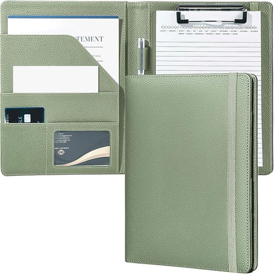 Mymazn Junior Padfolio Portfolio Folder, Small A5 Clipboard with Cover for 5'' x 8'' Writing Pad Notepad Holder for Business Office Men Women (Sage Green)