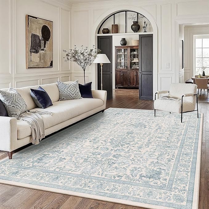 9x12 Blue Washable Area Rugs for Living Room Non Slip Low Pile Vintage Boho Throw Rug Soft Retro Distressed Floral Large Carpet Indoor Farmhouse Decor for Bedroom Dining Room Office Kitchen Playroom
