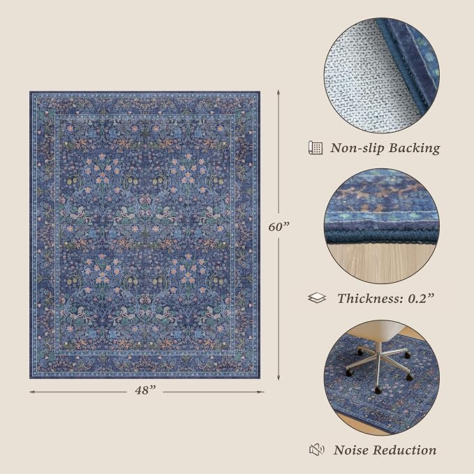 Dark Blue Office Chair Mat for Hardwood Floors, Tile Floor Protector for Heavy Duty Office Chairs, Under Desk Carpet with Anti-Slip & Stain Resistant, Ultra Soft Low Pile Washable Area Rug, 4x5