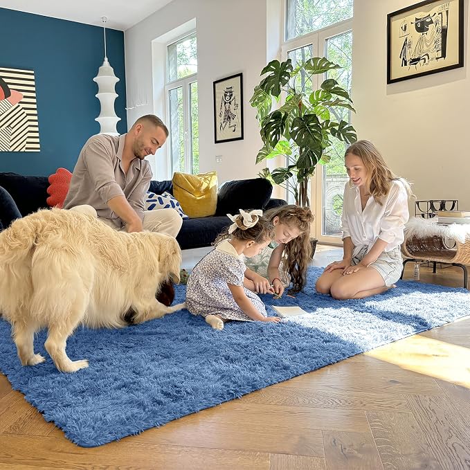 OLANLY 2x6 Machine Washable Runner Rugs for Hallway, Soft Fluffy Shaggy Bedside Rugs for Bedroom, Living Room, Indoor Floor Carpet for Kids Girls and Boys, Home Decor Aesthetic, Blue
