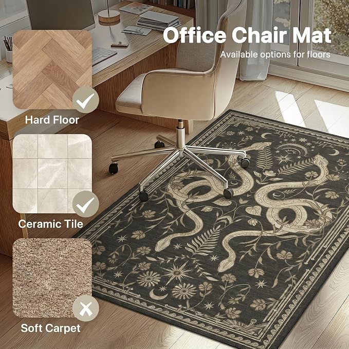 48"x60" Office Chair Mat for Hardwood Tile Floor, Under Desk Carpet Protector for Rolling Computer Chair Mat, Machine Washable Area Rug, Anti-Slip 1/5" Thick Low Pile Thin Vinyl Floor Mat, Snake