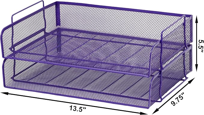 2 Pack Stackable Desk Paper Tray, Metal Mesh Desktop Document Letter File Organizer for Office Home School, 13.5'' L x 9.75'' W x 5.5'' H, Purple