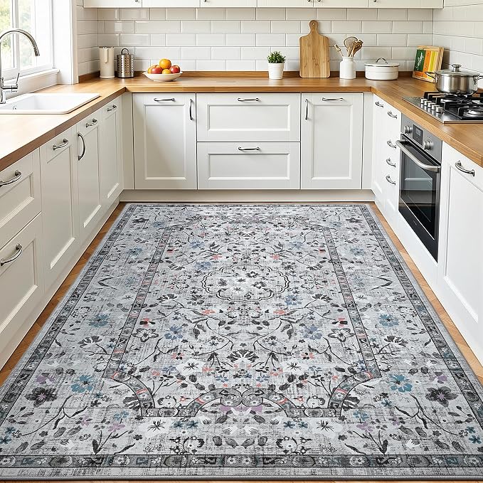 Vasofe 4x6 Area Rug for Bedroom, Washable Rugs for Living Room, Laundry, Kitchen, Vintage Floral Indoor Non Slip Carpet Farmhouse Grey Throw Carpets Soft Low Pile Mat for Dorm Bedside Office