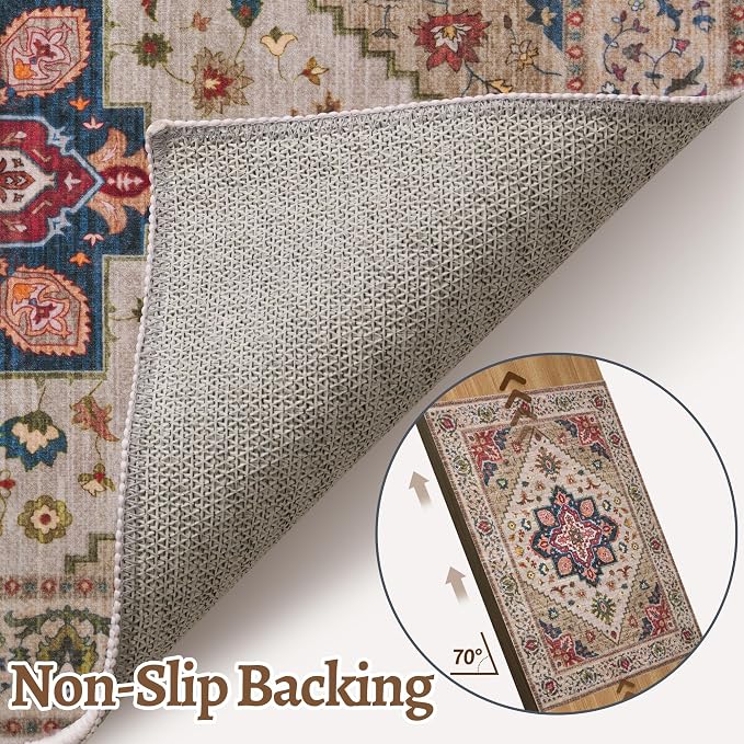 Tangsoo 2.6x8 Washable Runner Rug for Hallways, Non Slip Vintage Runner Rug, Soft Low Pile Long Rug Runner, Print Carpet Runners for Kitchen Bedroom Entryway Bathroom Living Room Beige/Blue